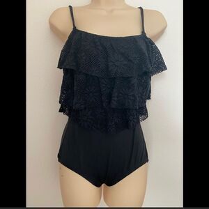 ROBBY LEN Black Tiered Lace Black One Piece Swimsuit Size